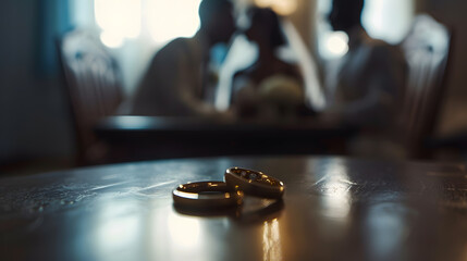 Obraz premium selective focus of wedding ring on table near interracial couple quarreling in bedroom divorce : Generative AI