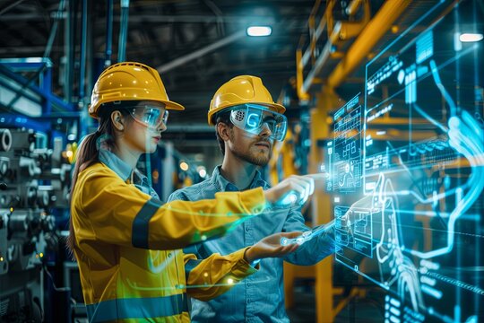 Engineers Interacting With a Digital Twin in a Futuristic Manufacturing Facility