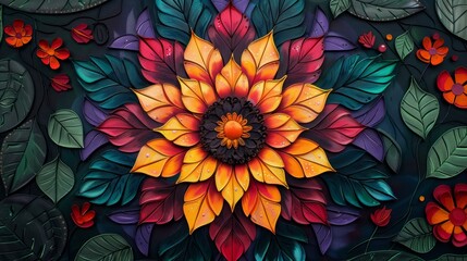 Colorful flower mandala design with black accents