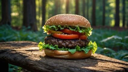 A hamburger on a stone in forest with background defocused blur in dark colors