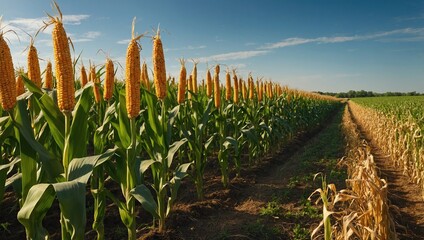 Lush corn field with tall stalks under clear blue sky