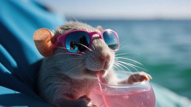 Lazy mouse in sunglasses relaxing on the beach. Summer relaxation. Summer tourism concept. Illustration for cover, card, postcard, interior design, decor, invitations or print.