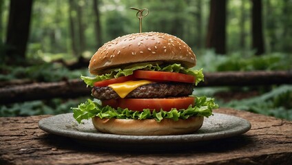 A hamburger on a plate in the mid of a forest