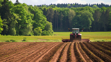 Naklejka premium A tractor is plowing a freshly plowed field with lush green trees in the background. The image highlights modern farming techniques and the preparation of land for planting crops.