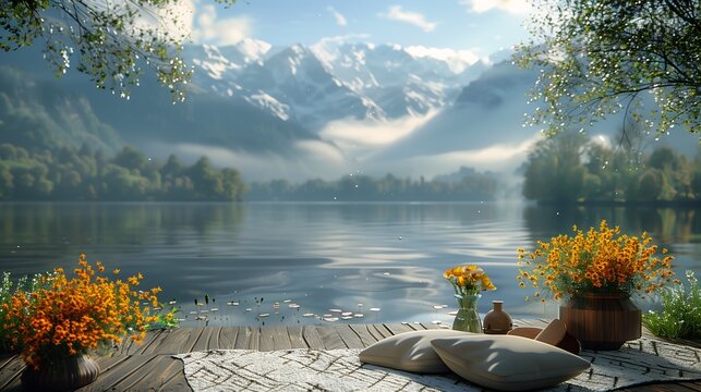 lake flowers blanket zen meditation dreamy scene scenery absolute peace quiet warm spring