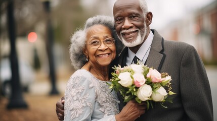 Happy senior African American couple holding vintage wedding photograph of their younger self