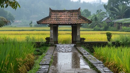 Obraz premium Traditional gate leading to rice fields in indonesia