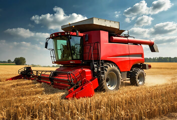 Obraz premium Red combine harvester does harvesting - wheat field. Generative AI