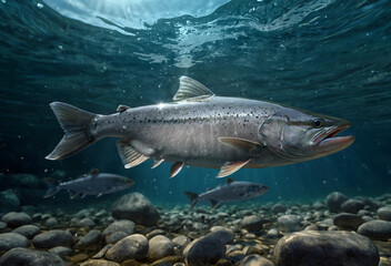 Salmon in the depths of the mountain river. Generative AI