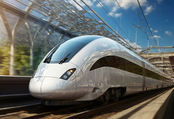 Fototapeta premium White High speed train - motion. Transportation. Generative AI