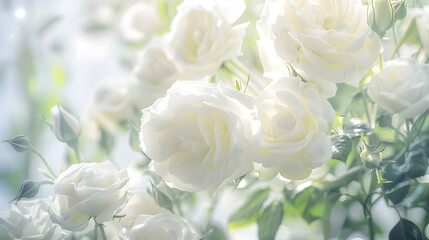 Obraz premium Blooming white roses in the garden Wedding background Selective focus : Generative AI