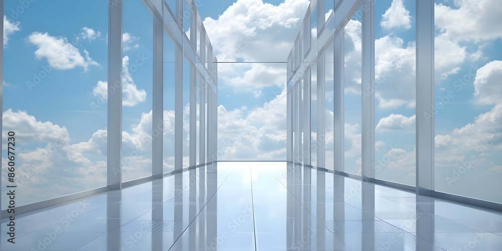 Poster clouds reflected in glass corridor walls create a tranquil spacious atmosphere. concept cloud reflec