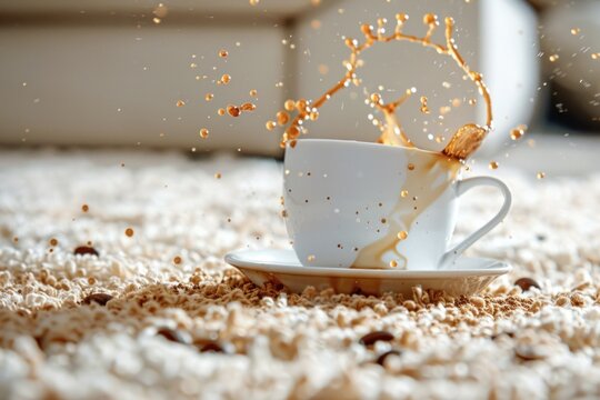 overturned cup with coffee on the white carpet surface. ai generative