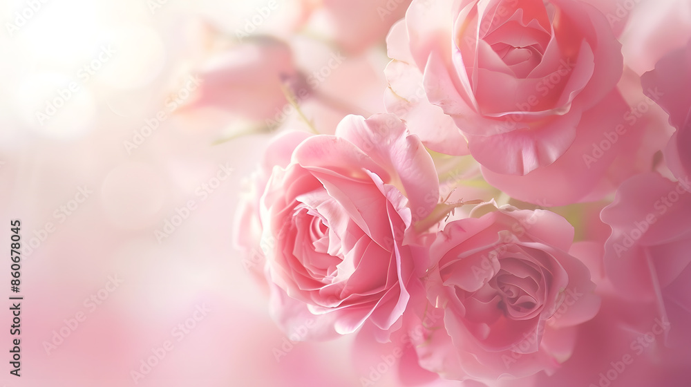 Poster Delicate pink roses in soft color and blur style Selective focus To use as background for creative design for birthday Valentines Day wedding celebration : Generative AI