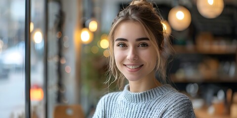 Fototapeta premium A woman in a grey sweater smiles in front of a glowing cafe window. Concept Photography, Portrait, Indoor, Emotion, Lifestyle
