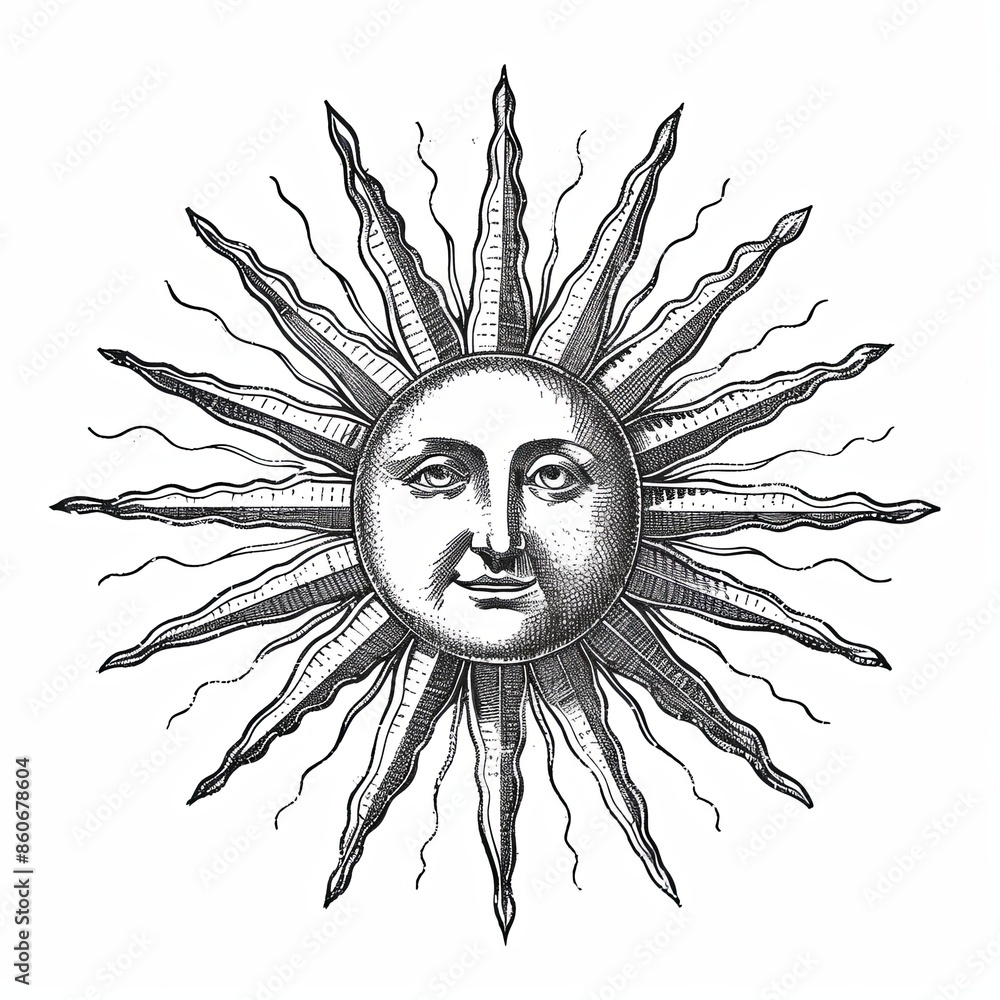 Wall mural an image of the sun with a face and rays. a mystical, esoteric or occult design element. cartoon cha