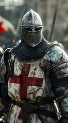 Fototapeta premium medieval soldier in the crusades, on the battlefield with armor, helmet, chain mail, and the symbol of the red cross of the templar knights. epic warrior scene in war for the background of a wallpaper