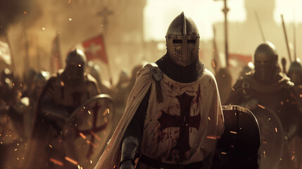 Christian army of Templar knights with armor, banners, capes, red crosses and swords, fighting in the crusades against the Muslim army in Tierra Sanda. Epic cinematic battle scene with golden light.