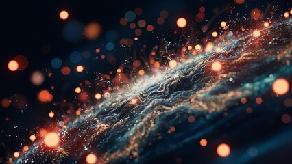 Obraz premium Vibrant particles and light dots with bokeh effects against dark background