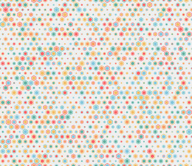 Hexagon grid pattern. Multicolored geometric elements of varied size. Hexagon mosaic background with inner solid cells. Regular hexagon shapes. Tileable pattern. Seamless vector illustration.