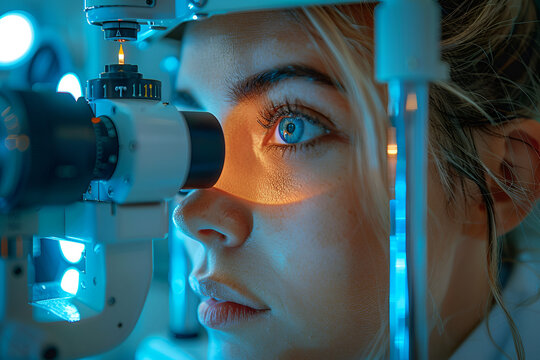 Woman, optometry and slit lamp for vision, test and care in wellness assessment with health at clinic. Doctor, optician and patient by machine, light and laser for retina scan with lens for eye exam