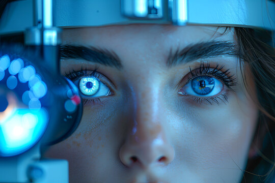 Woman, optometry and slit lamp for vision, test and care in wellness assessment with health at clinic. Doctor, optician and patient by machine, light and laser for retina scan with lens for eye exam