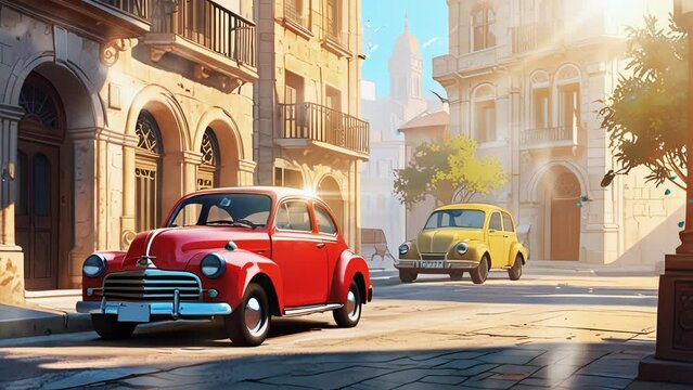 View of the old city with classic cars, in a smooth looping background with 4K video animation.