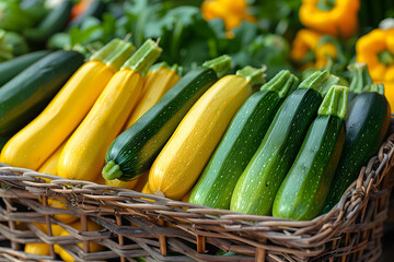 A basket of freshly harvested zucchini and yellow squash perfect for grilling