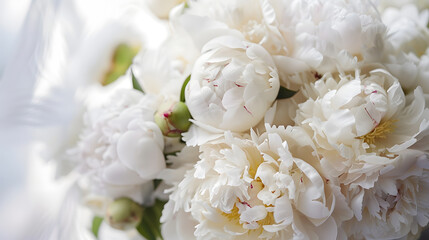 Bouquet of white peonies Wedding day concept Selective soft focus copy space : Generative AI