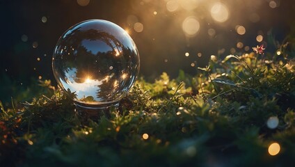 Glass ball on grass with sunlight shining through, creating a beautiful prism effect