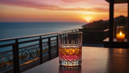 Whiskey glass on table with ocean view