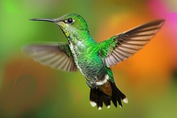 Fototapeta premium a Green-crowned Brilliant Hummingbird with its bright green crown and shimmering body --ar 3:2 --style raw Job ID: f8f803c1-0d29-4f3b-b83c-b8a5e5169d22
