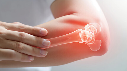 Naklejka premium A hand holding an inflamed elbow joint, with a transparent overlay showing internal bone structure...Detailed visualization of elbow joint pain, highlighting the internal anatomy and inflammation