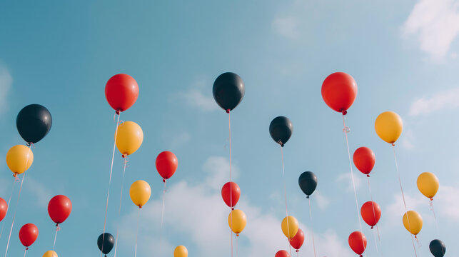Red, black, and yellow balloons float in the blue sky, symbolizing German unity. Celebrating Unity Day with balloons soaring high, embodying freedom and national pride