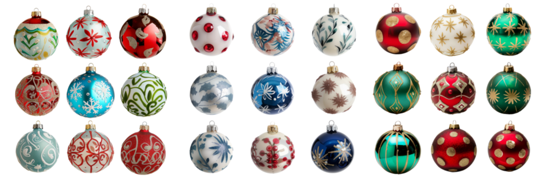 collection of christmas tree ornaments with festive patterns isolated on transparent background