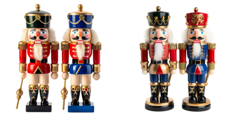collection of traditional nutcracker soldier ornaments isolated on transparent background