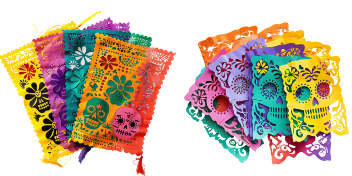 collection of colorful papel picado flags featuring traditional Day of the Dead motifs like skulls, flowers, and calaveras literarias isolated on transparent background