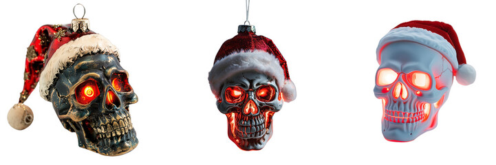 collection of a single glowing skull Christmas ornament with a festive Santa hat and a mischievous grin isolated on transparent background