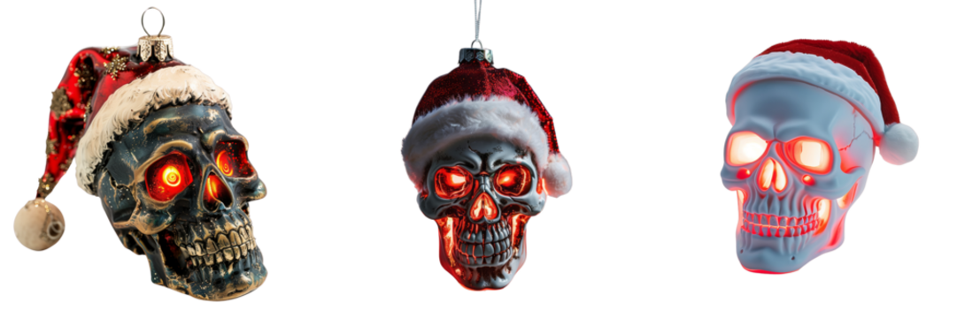 collection of a single glowing skull Christmas ornament with a festive Santa hat and a mischievous grin isolated on transparent background
