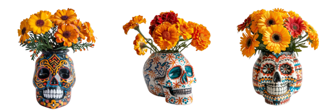 collection of a ceramic skull vase decorated with colorful geometric patterns, filled with vibrant marigold flower isolated on transparent background