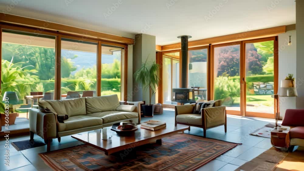 Poster a room filled with furniture and a fireplace, consider the use of passive heating and cooling strate