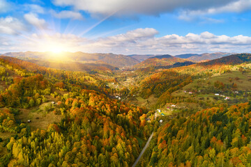 Aerial drone view over autumn forest. Colorful trees in the wood. Autumn forest aerial drone view. Autumn background, aerial drone view of beautiful forest landscape with autumn trees from above.