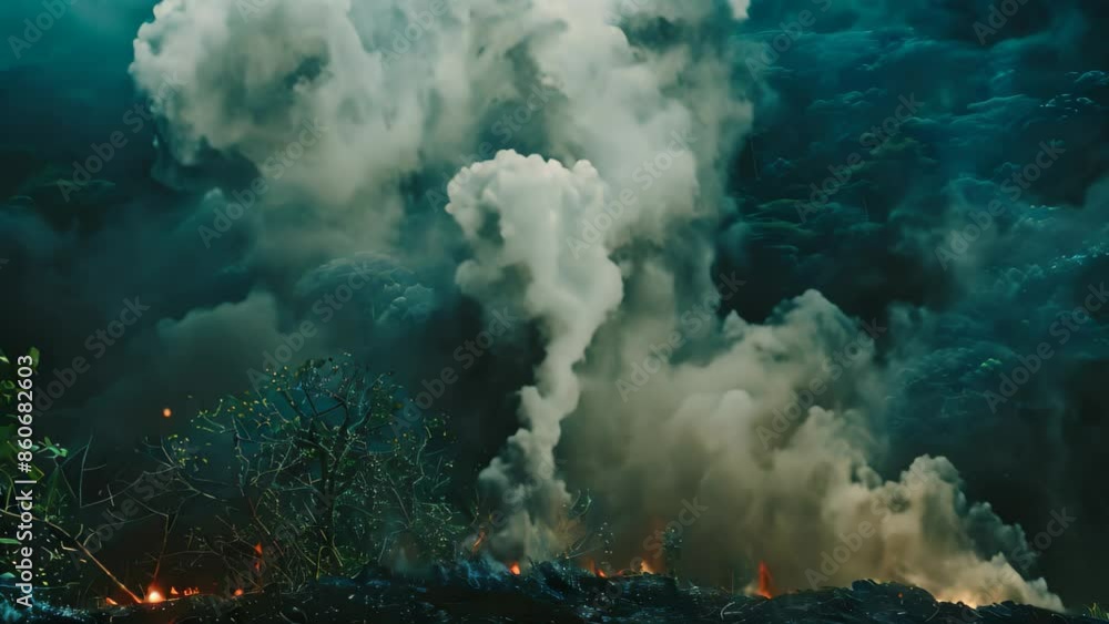 Aufkleber a large amount of smoke billowing out from the earths surface, construct a visual narrative of smoke