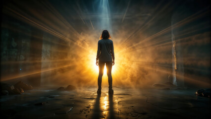 Fototapeta premium A woman stands in a dark room with Gods bright light shining on her