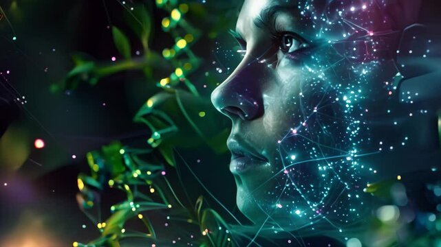 A womans face is encircled by intricate lines and dots, creating a unique and visually striking pattern, Construct a visual representation of a biotech-enhanced human with advanced abilities