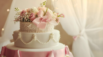A beautiful and delicious ivory cake Wedding decoration Nearby is a bouquet or a bunch of flowers decorated with a pink bow Real situation : Generative AI