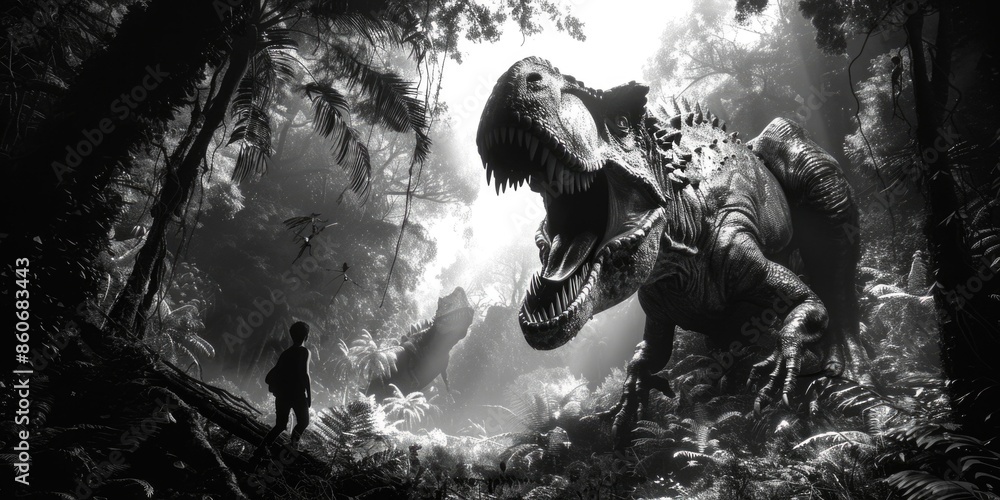 Poster a person standing beside a dinosaur in a dense forest environment