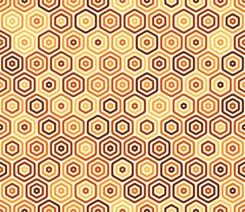 Pattern of hexagon shapes. Bold rounded stacked hexagon cells. Orange color tones. Hexagonal shapes. Tileable pattern. Seamless vector illustration.