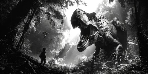 Obraz premium A person standing beside a dinosaur in a dense forest environment