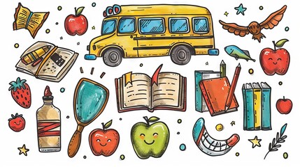 A set of various school supplies, including a bus, books, pencils, and apples.